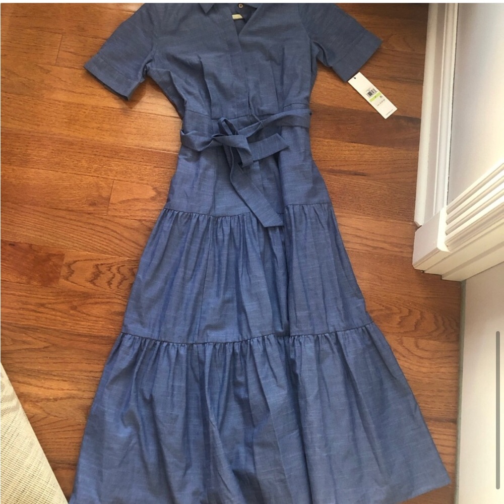 NWT Calvin Klein Denim Cotton Tiered Ruffle Hem Shirtdress Size 4P - Picture 7 of 11